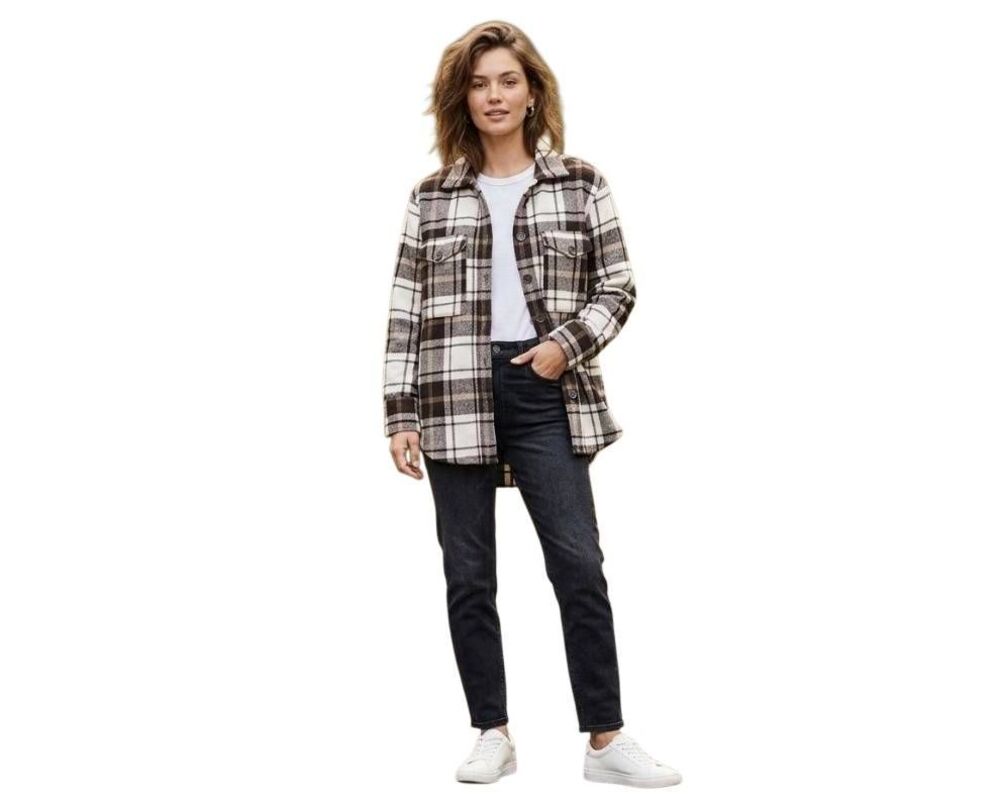 Treasure & Bond Brown Cream Plaid Shacket Jacket Size S